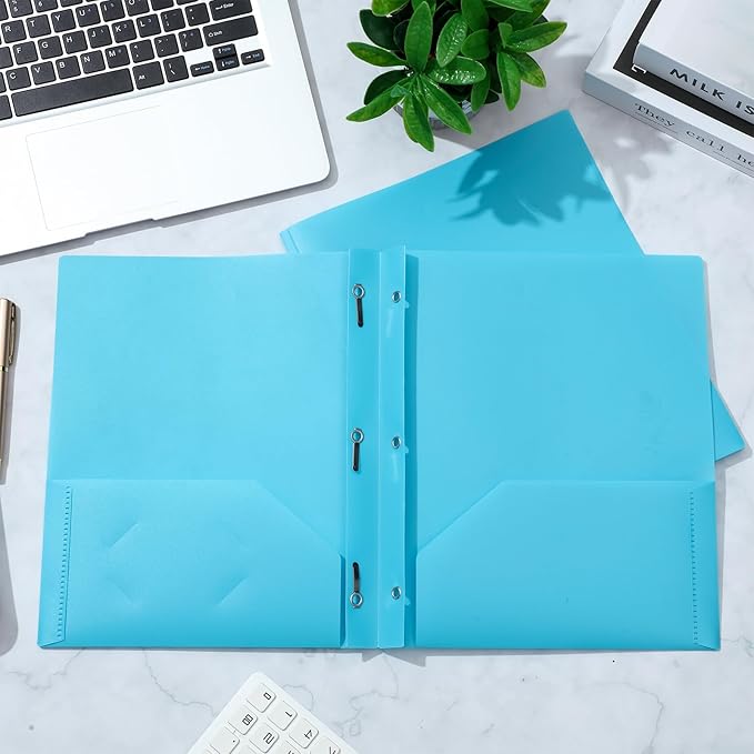 Yeaqee 30 Pcs Plastic Folders with Pockets and Prong Plastic Folders with 2 Pockets Pocket for Office, School for Students, Teachers, Office Workers (Light Blue)