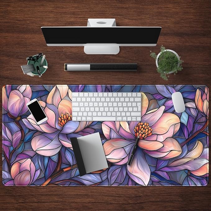 Floral Desk Mat Gaming Large Mouse Pad Desk Keyboard Pad, Long Computer Mat Faux Stained Glass Artistic Patterns Mouse Mat, Aesthetic Floral Purple & Pink Desk Protector Office Decor 31.5" X 15.7"