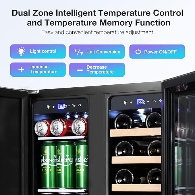 Tylza Wine and Beverage Refrigerator, 24 inch Dual Zone Wine Beverage Cooler Built-in and Freestanding, with Seamless Stainless Steel Door Quick Cooling Under Counter Beer Wine refrigerator