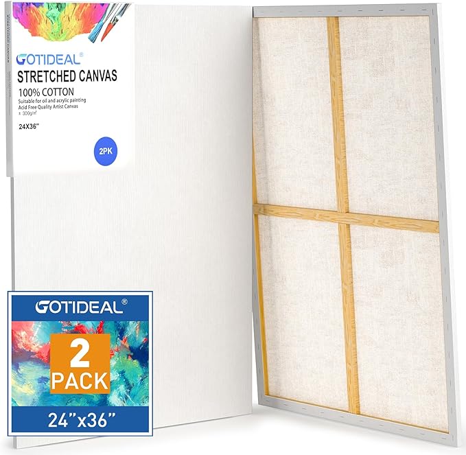 GOTIDEAL Stretched Canvases for Painting, 24x36" Inch Set of 2, Primed White - 100% Cotton Blank Art Large Canvas Boards for Painting for Acrylic Pouring, Oil Paint Dry & Wet Art Media