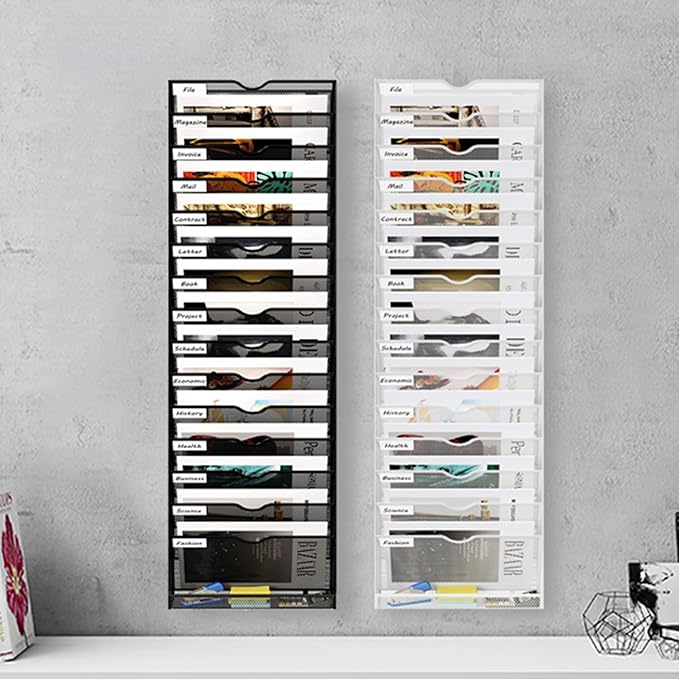 16 Tier Hanging Wall File Holder, Metal A4 Wall Mounted Document Holder, Vertical Hanging Mail Organizer, Magazine Storage Rack with Tray for Office Home Classroom, Black