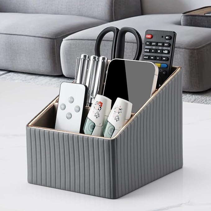 KINGFOM 3 Slot PU Leather Remote Controller Holder, Home Sundries Storage Box, TV Guide/Mail/CD Organizer/Caddy/Holder with Free Cable Desk Organizer (Grey)
