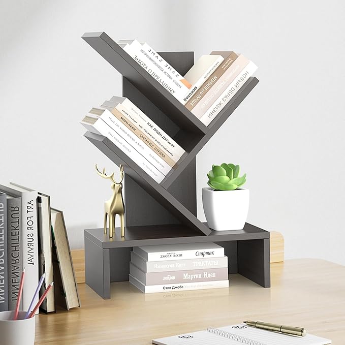 Godferyxin Tree Bookshelf with Drawer,Wood Desk Bookshelf for School,Office,Small Book Shelf Storage Rack for Decor,Bedrooms,Living Rooms Mini Shelf