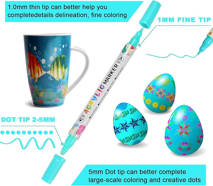 60 Colors Acrylic Paint Pens, Dual Tip Acrylic Paint Markers for Paper, Wood, Canvas, Stone, Rock Painting, Glass, Fabric, DIY, Ceramic, Art Supplies for Kids and Adults Drawing (Dot + Fine)