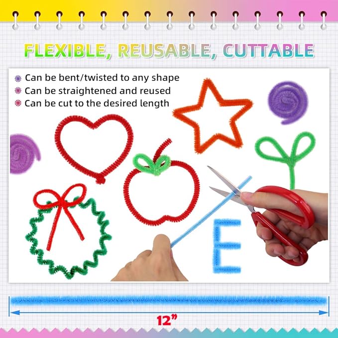 Pipe Cleaners Craft Chenille Stems, 360 Pieces 30 Assorted Colors for Crafting DIY Arts Projects Decorations, 6mm x 12inch Fuzzy Colored Chenille Stem Sticks Set Craft Supplies for Kids and Adults