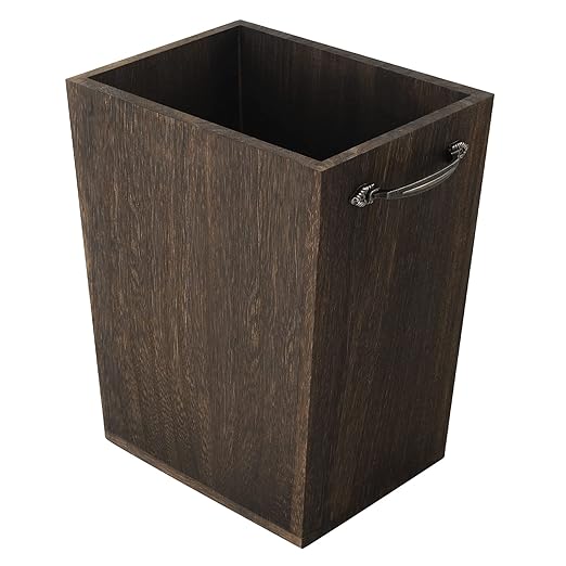 Trash Can Wastebasket Wood Garbage Container Bin with Built-in Double Metal Handles for Office, Bedroom, and Bathroom, Dark Brown
