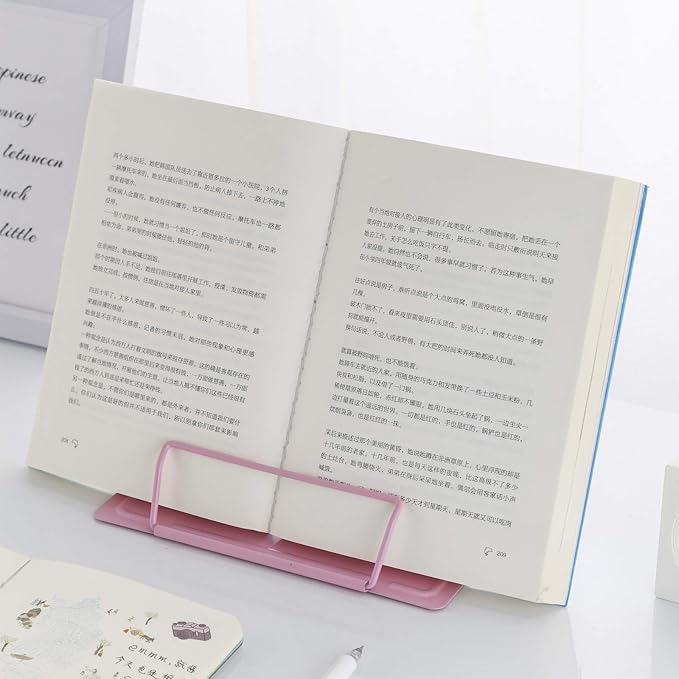 MSDADA Book Stand Metal Reading Rest Book Holder Adjustable Cookbook Documents Holder Bookstands for Textbooks Christmas Gifts for 6 7 8 9-16 Girls and Boys, Birthday Gifts for Girls Kids Mom (Pink)