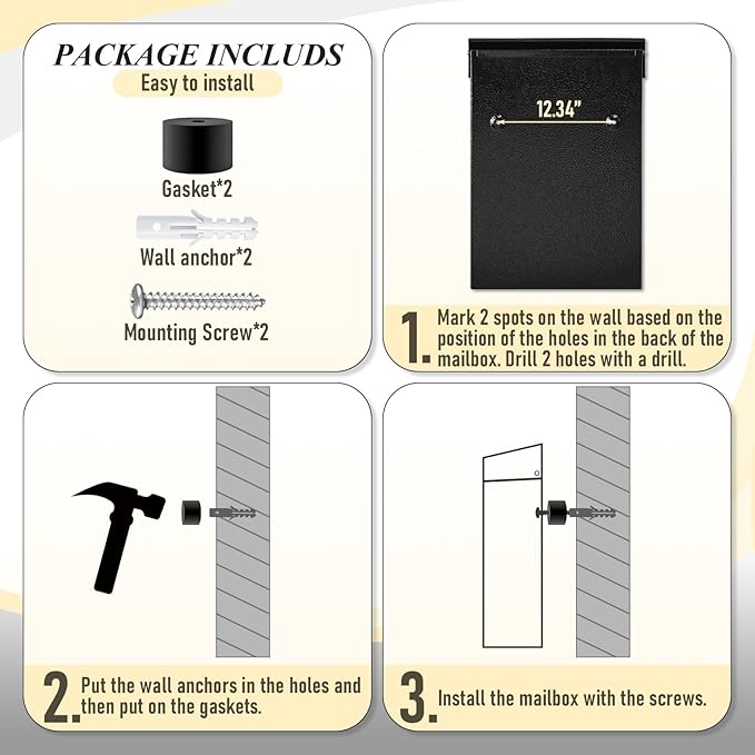 xydled Mail Boxes with Key Lock,Locking Mailbox Wall Mounted,Large Capacity,Steel Cover Metal Postbox for House, Black, 12.34''x8.5''x3''