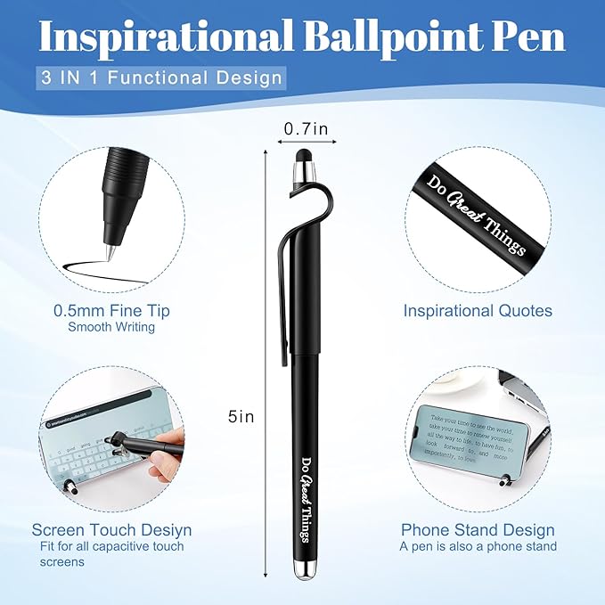 100 Pcs Inspirational Pens Bulk Black Motivational Ballpoint Pen with Writing Touch Screen and Mobile Phone Stand 3-in-1 for Office School Supplies Inspirational Gifts