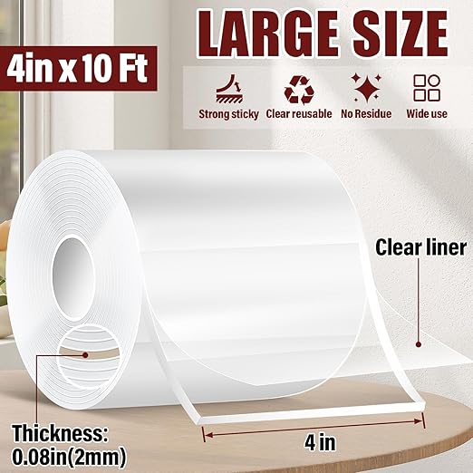 Navona 4In x 10Ft Double Sided Tape Heavy Duty, Clear Removable Nano Tape, Multipurpose Mounting Tape for Home and Office