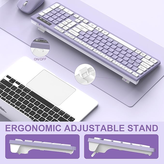 Wireless Keyboard and Mouse Combo, Full-Sized Wireless Keyboard and Adjustable DPI Mouse, 2.4GHz USB Receiver, Silent Keyboard and Mouse for PC, Windows, MAC, Desktop, Laptop(Purple)