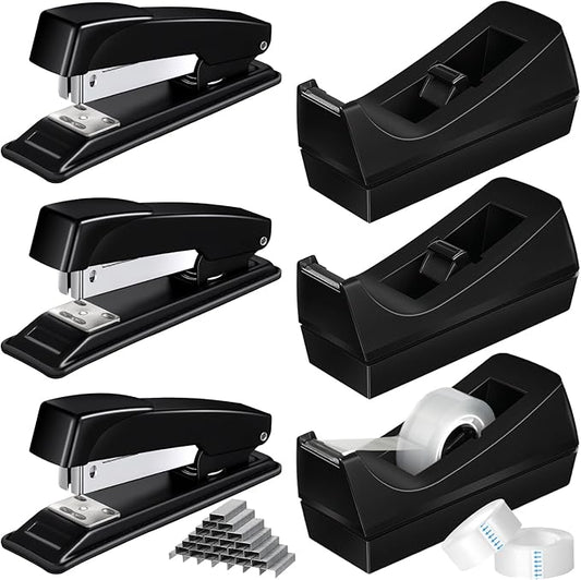 Thenshop 6 Pcs Desk Staplers Tape Dispensers Sets Black Staplers for Desktop Office with Standard Staples Black Holder with White Tape for Office School