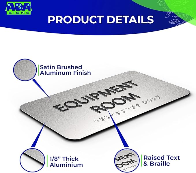 ADASigns Equipment Room Sign 7" W x 4" H - Durable Brushed Aluminum with Grade 2 Braille - Easy Installation with Strong Double Sided Tape - ADA Compliant Office Door Signs for Businesses & Offices