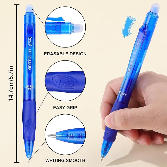 USUAL Retractable Erasable Pens 12 Colored Erasable Gel Pen 0.5mm Erasable Gel Pens Black Make Mistakes Disappear Smooth Writing Pen Office Back-to-School Supplies (Blue)