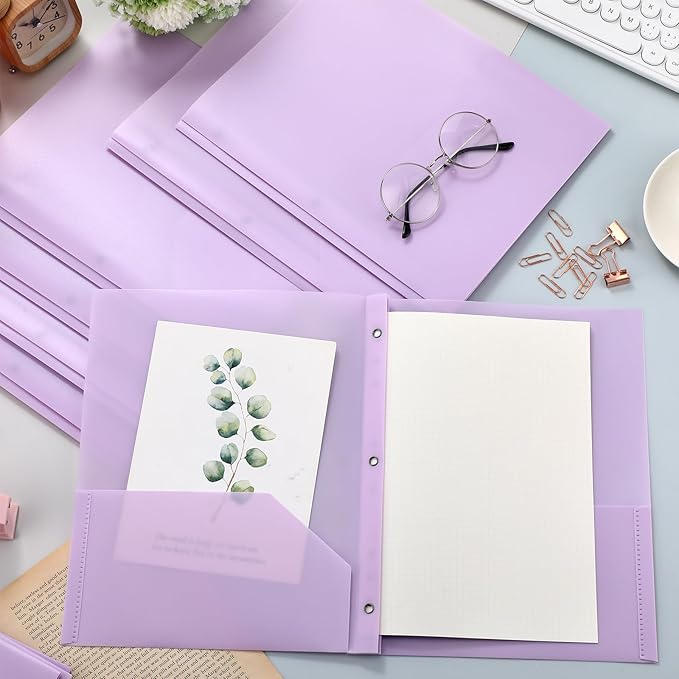 Patelai 48 Pcs Plastic Folders with 2 Pockets and 3 Prongs Home Folders with Card Slot Letter Size Heavy Duty Report Covers for Back to School(Purple,Classic)