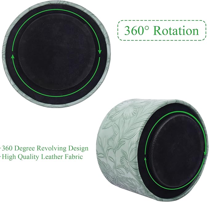 Hennaja Round Leather Art Supply Organizer,Remote Control Holder,360 Degree Spinning,Multi-Functional Pencil Holder,4 Compartments Desktop Stationary Organizer(1-Carved Dark Green)