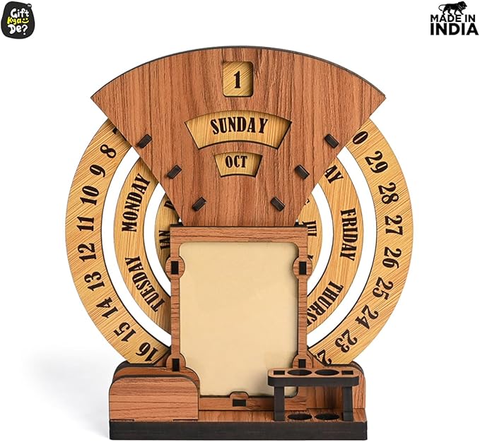 GKD Calendar To Lifetime, Calendar With Desk Organizer And Photo Frame For Office, Home Decor, Corporate Gifts (Dark Wood Eco Friendly)