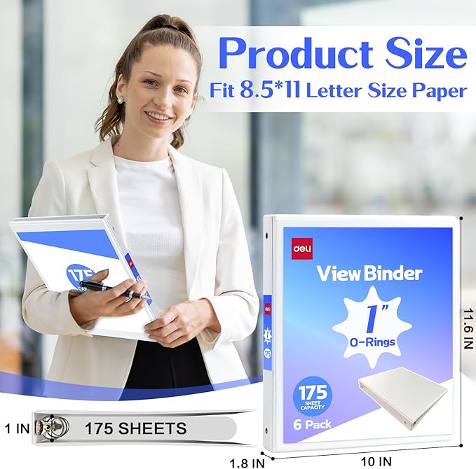 Deli 1-inch 3 Ring Binder with 2 Interior Pockets, 175 Sheets Capacity, 1 inch Binders fits 11" x 8.5" US Letter Size, White, 6 Pack