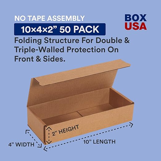 BOX USA Shipping Boxes 10"L x 4"W x 2"H, 50-Pack | Corrugated Cardboard Box for Packing, Moving and Storage