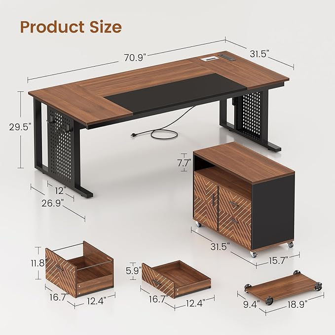 SEDETA 71" Executive Desk with Rolling File Cabinet, Large Office Desk with Drawers, L Shaped Computer Desk with Power Outlets, CPU Stand, Pegboard and Storage Shelves, Brown