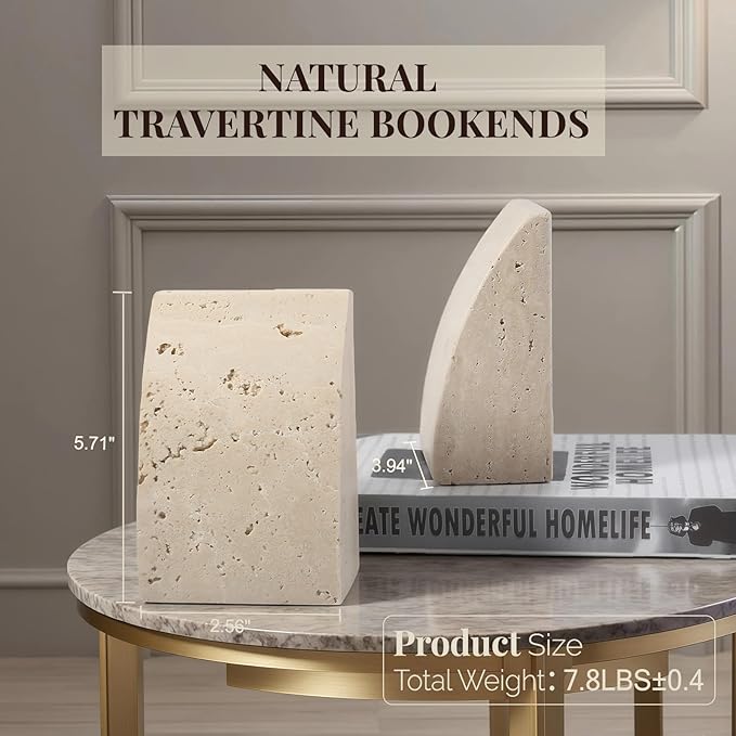Koville Travertine Bookends for Shelves, Large Stone Bookends for Heavy Books, Non-Slip Heavy Duty Book Stopper for CD/Movies, Aesthetic Decorative Book Ends for Bookshelf Table Home Decor(Beige)