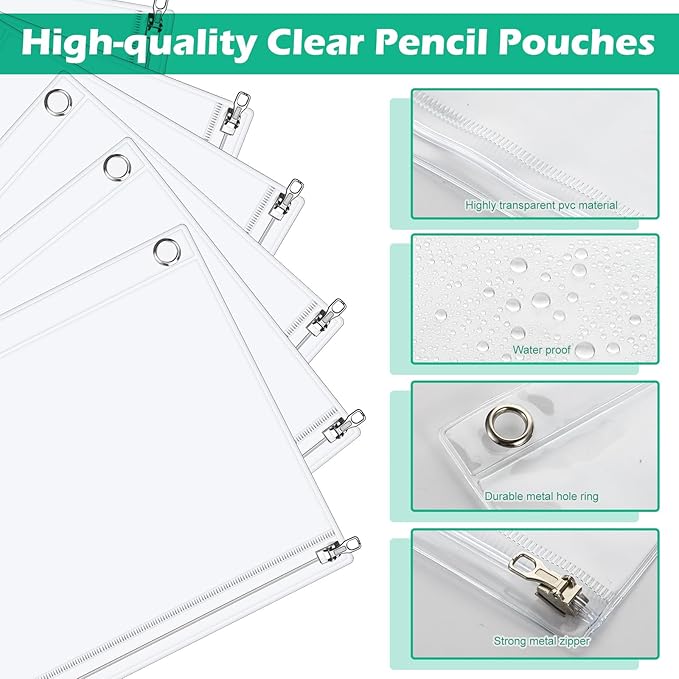 Lincia 48 Pack Clear Pencil Pouch for 3 Ring Binder Pencil Case with Metal Zipper 3 Ring Binder Pocket Inserts Bag 10 x 7'' Visible Cash Envelope with Re-enforced Grommet for College Office Supplies
