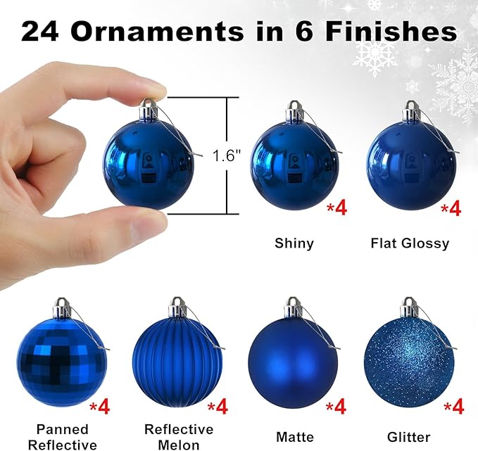 Royal Blue 1.6" Small Christmas Balls Christmas Tree Decoration Ornaments Shatterproof Hanging Balls for Birthday Halloween Holiday Wedding Decorations Set of 24pcs