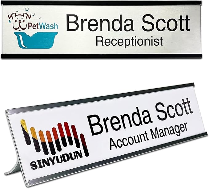 2" x 8" Personalized Aluminum Name Plates, Custom Office Desk or Wall Name Plates, Can Add Logo Image and Texts, Two Colors Silver, White, Holders are Optional (Custom Image+Text)