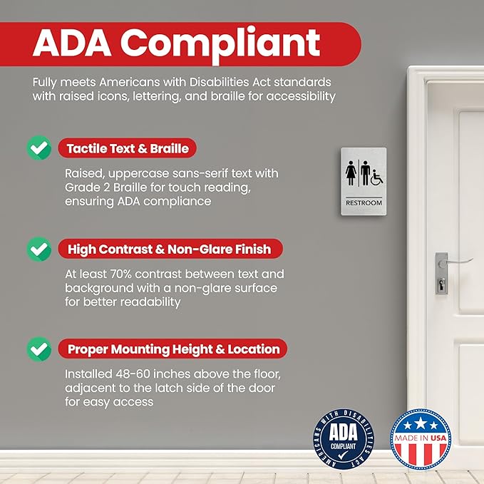 Promot Unisex Handicap Bathroom Sign – ADA Braille Restroom Sign for Business, Self-Adhesive, 9" x 6", Commercial Door Signage, Office Wall Decor - Brushed Steel