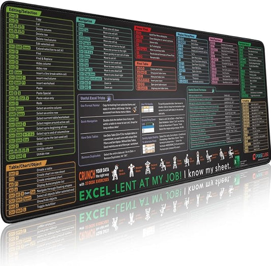 Excel Shortcut Keys Mouse Pad - Extended Large XL Cheat Sheet Gaming Mousepad | PC Office Spreadsheet Keyboard Mat | Non-Slip Stitched Edge