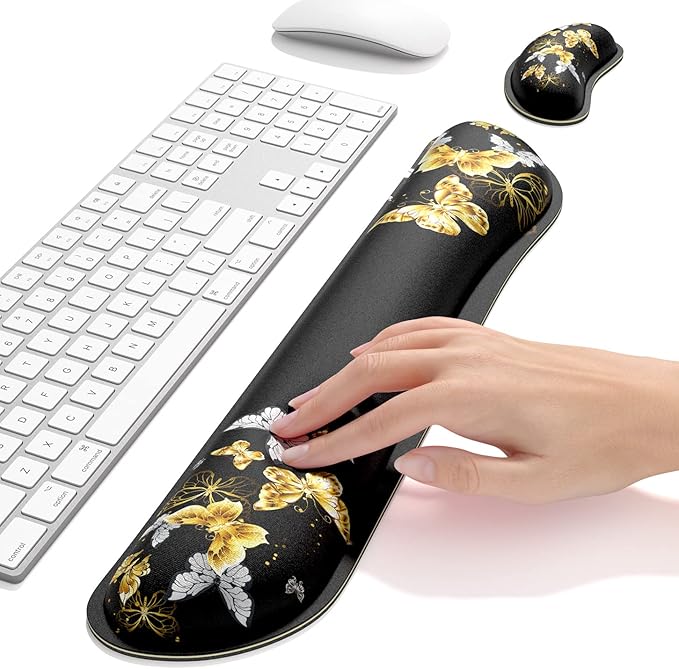 Dapesuom Enlarge Keyboard Wrist Rest, Memory Foam Wrist Cushion for Desk Mats Support, Typing Pain Relief Keyboard Mouse Pad Rests Set with Non-Slip Base for Gaming Laptop Office Computer, Butterfly