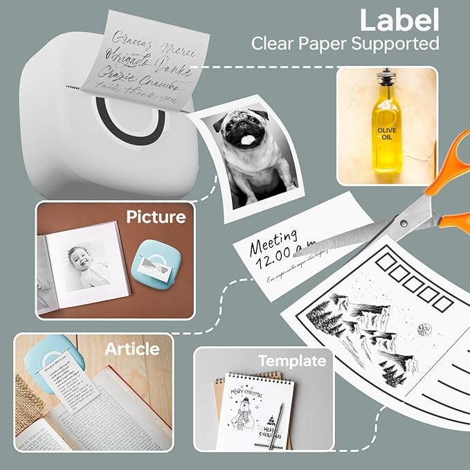 Mini Printer Sticker Thermal Printer with 3 Rolls Paper, Bluetooth Portable Phone Print Pods,Study Sticker Maker for Pictures, Photos, Journals, DIY, Compatible with Phone & Tablet