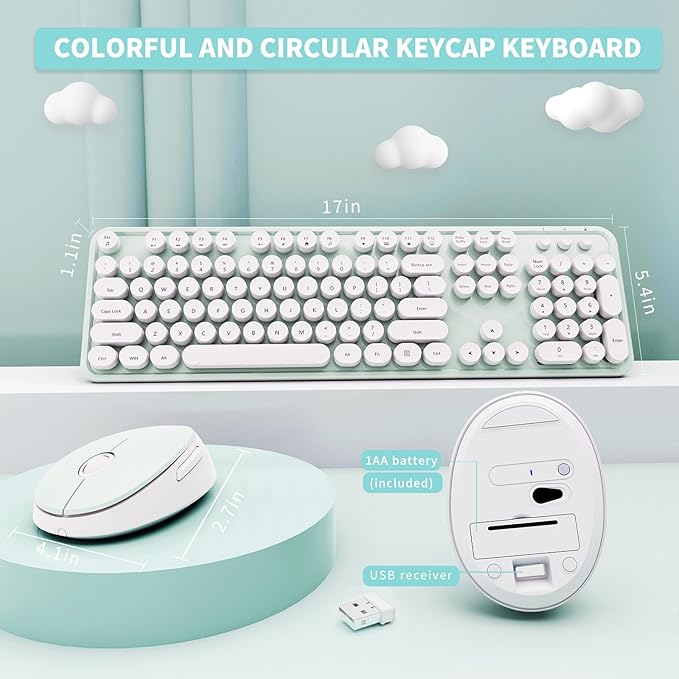 Wireless Keyboard and Mouse Combo, Ergonomic Full Size Typewriter Retro Round Keycaps Keyboard, Compatible with Windows, PC, Perfer for Home and Office Keyboards（Green）