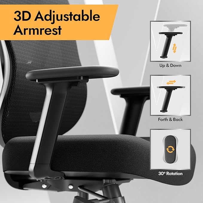 Ergonomic Mesh Office Chair - 3D Adjustable Lumbar Support & 3D Armrests, V-Shaped Back, Adjustable Desk Chair for Office & Home, Black