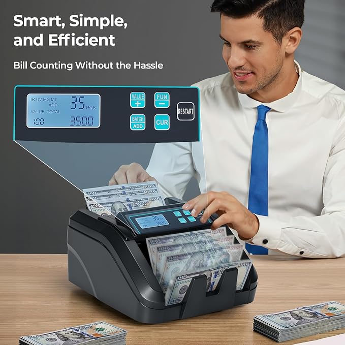 MUNBYN IMC51 Money Counter Machine Count Value, Add+Batch/Add+ Value Mode Bill Counter, UV/MG/IR/MT Detection, USD only Cash Counter,1100 Bills/min, Money Counting Machine with LCD Display (Black)