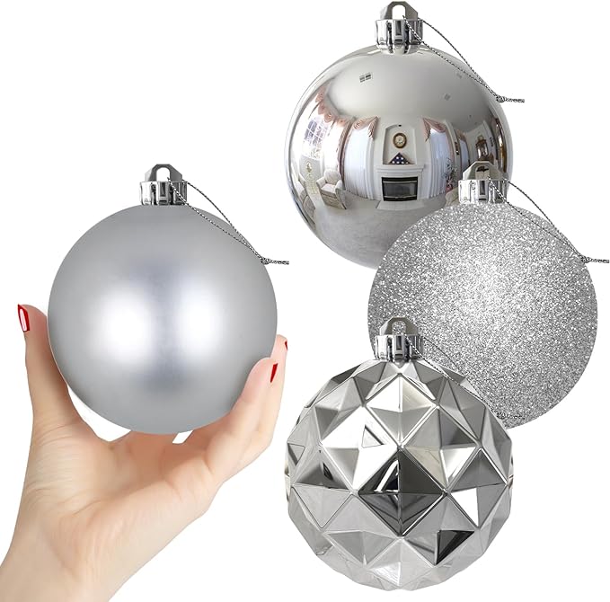 Silver 4.0" Large Christmas Balls - Christmas Tree Decoration Ornaments Shatterproof Hanging Balls for Birthday Halloween Holiday Wedding Decorations Set of 4pcs
