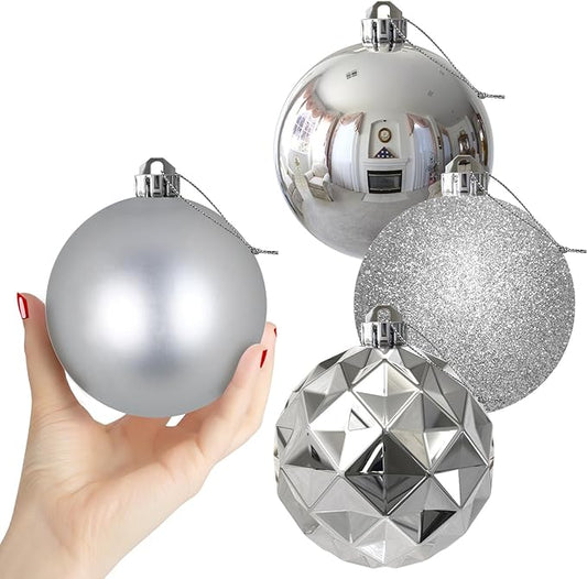 Silver 4.0" Large Christmas Balls - Christmas Tree Decoration Ornaments Shatterproof Hanging Balls for Birthday Halloween Holiday Wedding Decorations Set of 4pcs