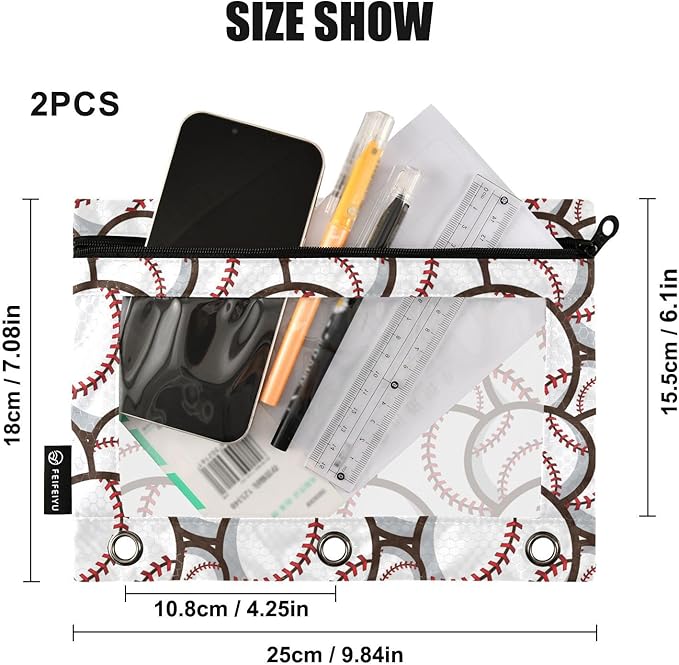 ZAZYXTJ Baseball Binder Pencil Pouchs 3 Ring with Zipper Clear Window Office Organizers bag for School Students Teacher Supplies 2 Pack