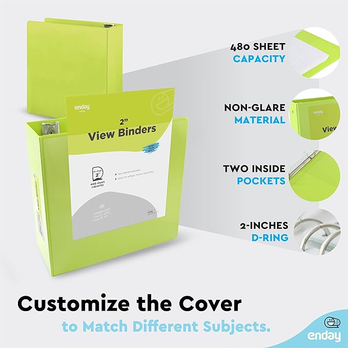 3 Slant D-Ring Binder 2 Inch Binder Green, 2 in Clear View Cover w/ 2 Inside Pockets, Heavy Duty Colored School Supplies Binders Also Available in Blue, Pink, Red, Grey, Purple (6 PC)–by Enday