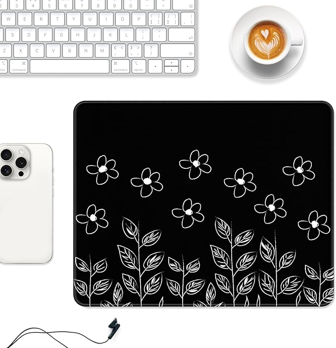 Auhoahsil Mouse Pad, 12 x 10 in Flower Theme Computer Mouse Pad for Desk, Premium-Textured Non-Slip Rubber Stitched Edges Waterproof Square Mouse Mat for Gaming Work Wireless Mice, Black