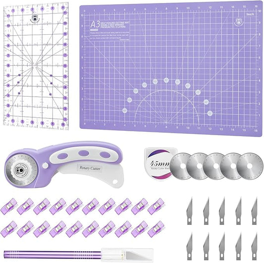 Headley Tools Rotary Cutter Set - 45mm Fabric Cutter, 5 Extra Rotary Blades, A3 Cutting Mat, Quilting Ruler and Sewing Clips, Craft Knife Set, Ideal for Crafting, Sewing, Patchworking, Purple