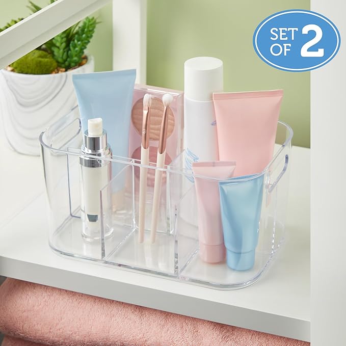 STORi Bliss 5-Compartment Plastic Cosmetics Storage Organizer, Set of 2 | Clear | Rectangular Divided Makeup Bin & Vanity Caddy with Pass-Through Handles | Round Corner Design | Made in USA