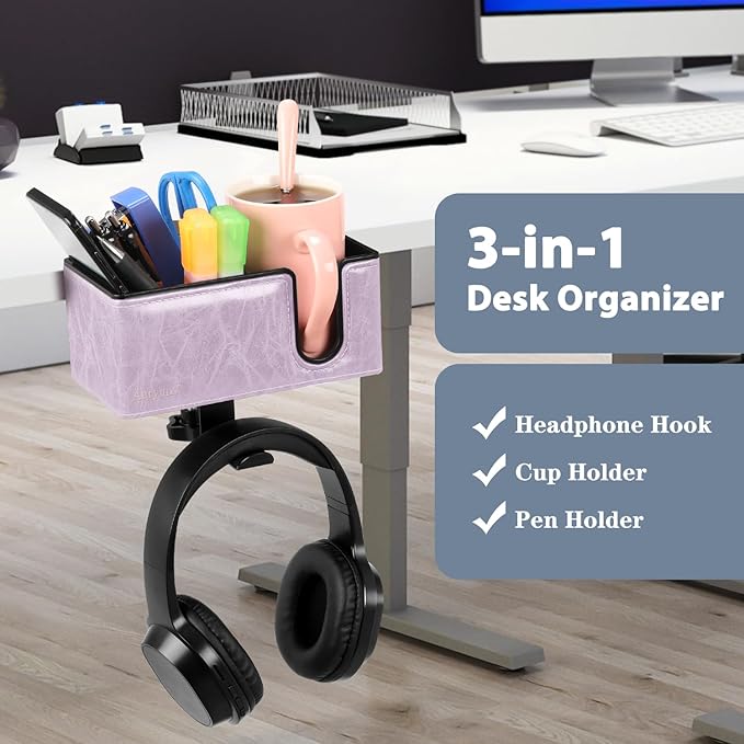 Desk Cup Holder Clip on Pen Holder Headphone Hanger Headset Stand Rotatable Clamp Hook Under Desk (Violet)