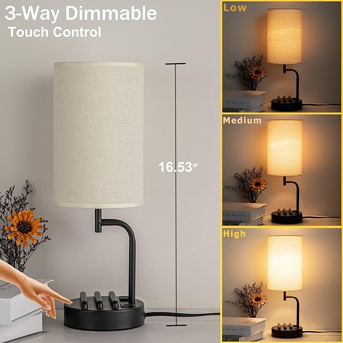 Dreamholder Touch Control USB Table Lamp, Upgraded 3-Way Dimmable Bedside Desk Lamp with USB C & A Charging Ports and AC Outlet, Nightstand Lamp for Bedroom, Dimmable 9W LED Bulb Included