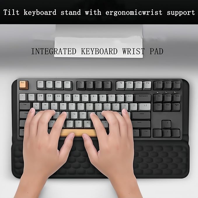 Ergonomic one-Piece Computer Keyboard Stand with Wrist Rest for Desktop Offers Two Support Angles. Silky Lycra Surface and Memory Foam Comfortable Hand Support (Black)