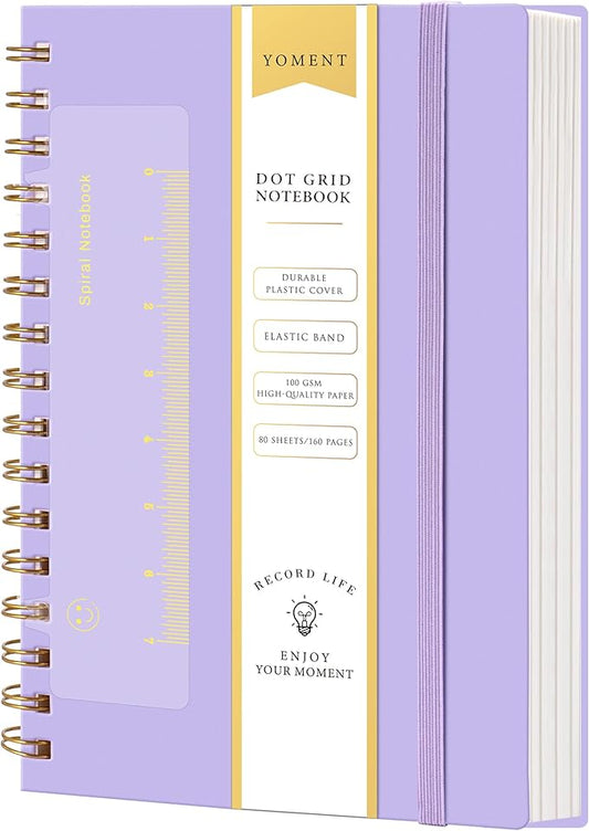 Dot Grid Spiral Notebook A5 Spiral Bullet Dotted Journal 160 Pages Thick Dot Paper Notebooks Plastic Hardcover Spiral Notebook 5x7 Wire Bound Notebooks for Note Taking School Office Supplies,Purple