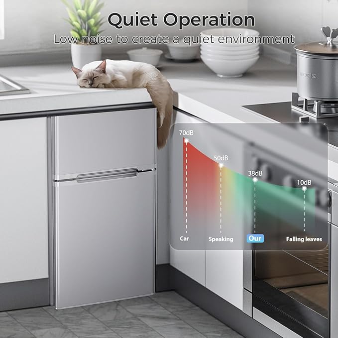 Kismile Mini Fridge with Freezer,3.2 Cu.Ft Compact Mini Refrigerator with Double 2 Door,Adjustable Temperature,Full Size for Home,Kitchen,Dorm,Apartment,Retro Grey