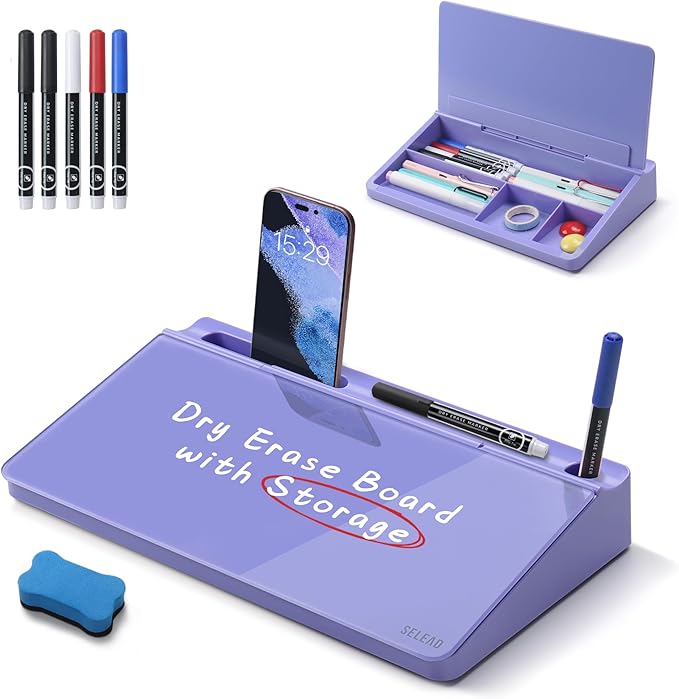 SELEAD Desktop Glass Whiteboard with Storage, Small Dry Erase White Board Computer Pad Keyboard Stand for Home, School, Office Desk Accessories - Purple