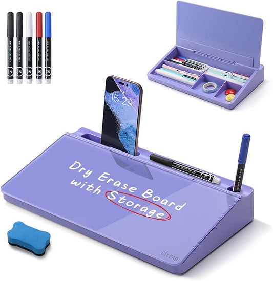 SELEAD Desktop Glass Whiteboard with Storage, Small Dry Erase White Board Computer Pad Keyboard Stand for Home, School, Office Desk Accessories - Purple