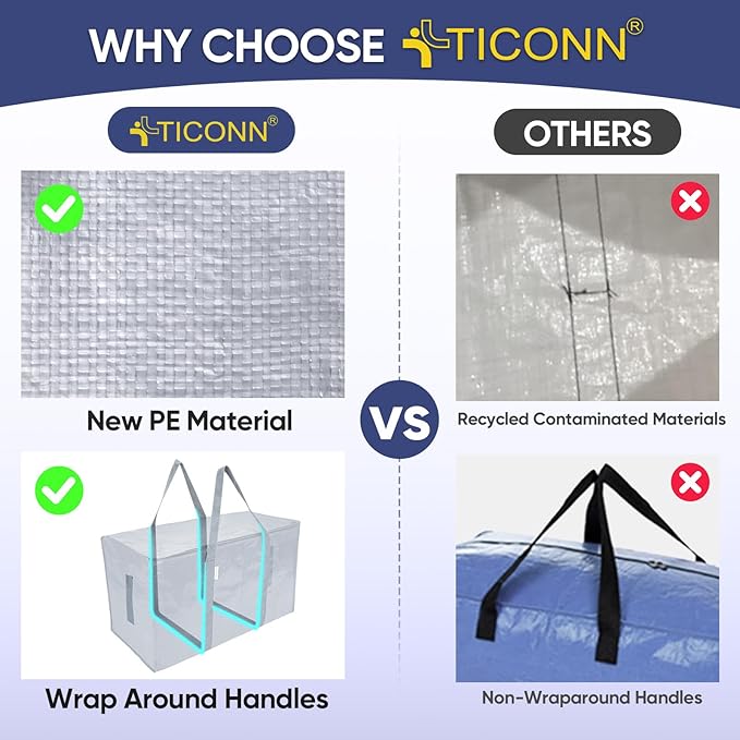 TICONN 2 Pack Extra Large Moving Bags with Zippers & Carrying Handles, Heavy-Duty Storage Tote Moving Boxes for Space Saving (2 Pack, Light Grey)